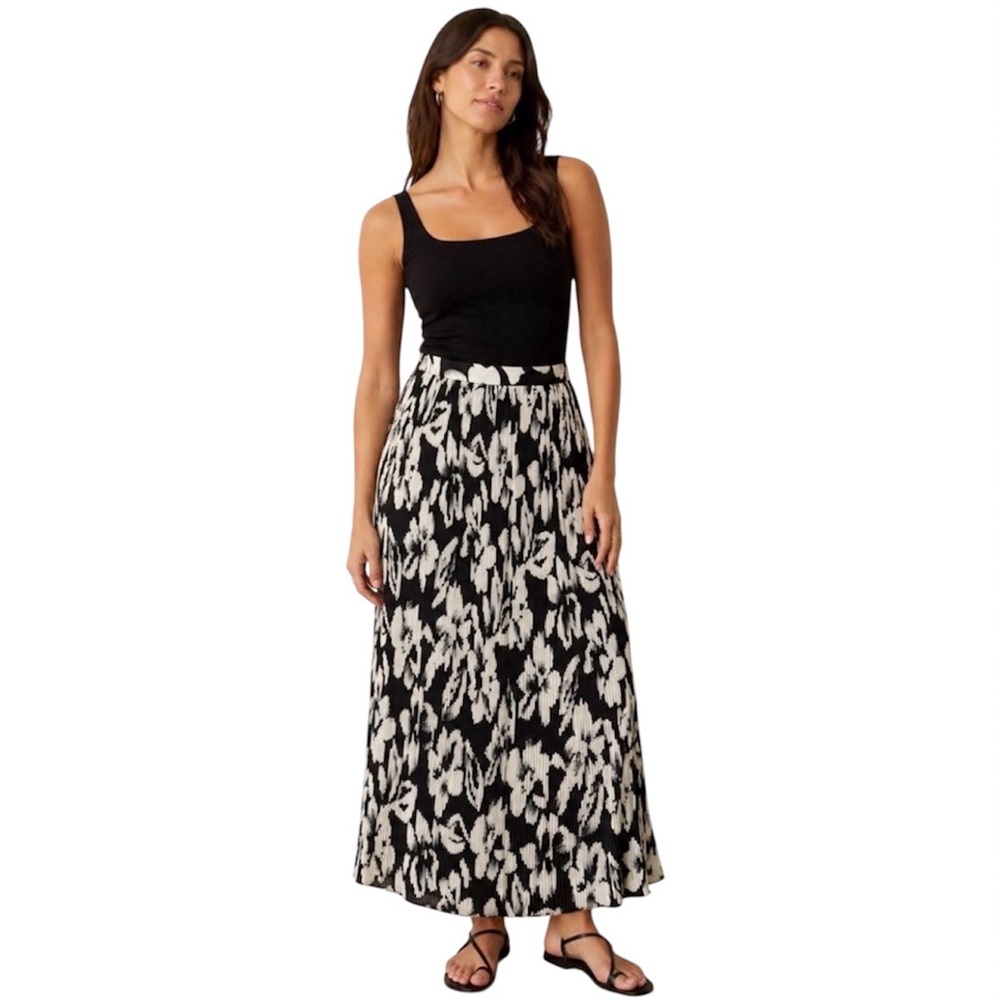 Rodier Black & Soft White Floral Pleated Maxi Skirt EU 40 (Fits US 6–8 Medium)
